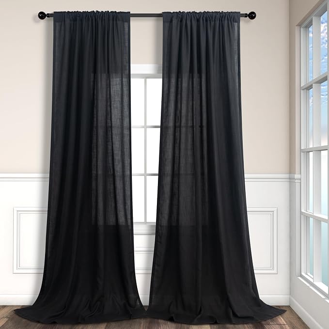 Modern Black Linen Curtains 96 Inches Long for Bedroom 2 Panels Set Back Tab Pocket Boho Drape Semi Sheer Lace Cotton Trendy Elegant Curtain for Living Room Bay Window Mid Century Halloween Decor 8 FT