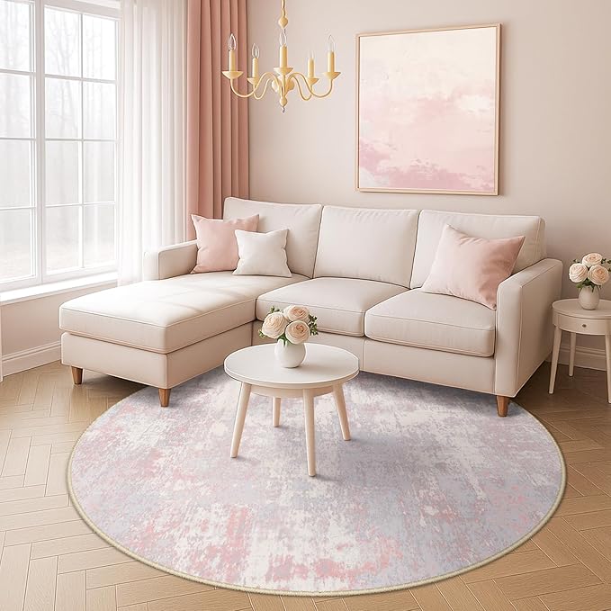 RELEANY Washable Area Rugs 4ft Non-Slip Modern Abstract Soft for Living Room Entryway Bedroom Nursery, Print Pattern, Grey Pink