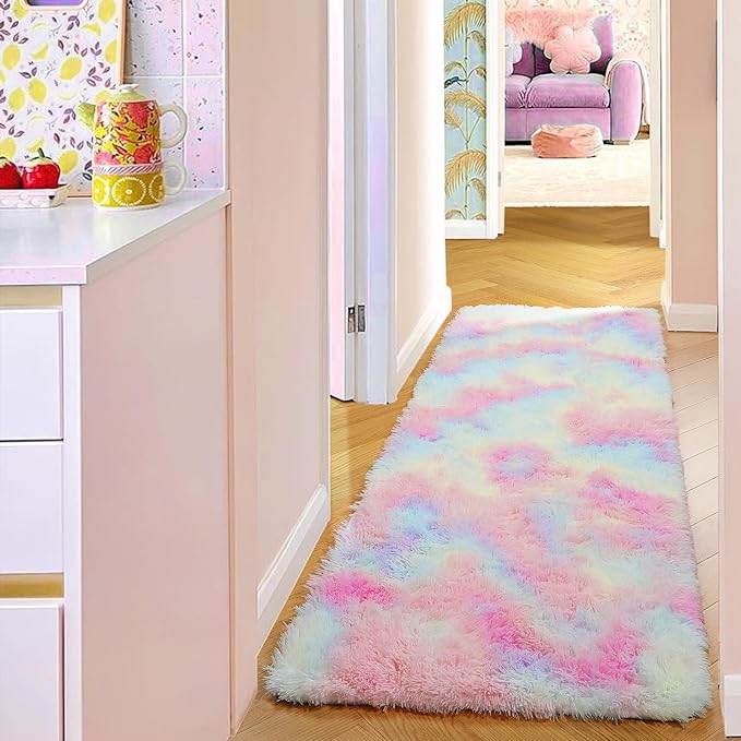 PAGISOFE Rainbow Runner Rugs for Girls Bedroom Hallway Plush Fluffy Rug 2x6 Ft, Soft Kawaii Carpet for Living Room, Non-Slip Indoor Princess Rugs for Nursery Kids Girls Room Home Decor Cute Colorful