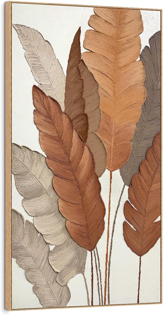 SAFERRYHOME Large 3D Leaves Hand Painted Wall Art, Textured, 27"x58" | Modern Textured Plant Framed Canvas Wall Decor, Contemporary 3D Leaf Painting Minimalist Artwork for Home Office Living Room