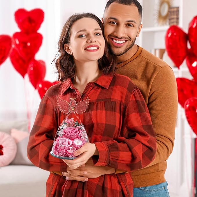 FIACO Gifts for Mom Women Birthday Preserved Rose in Glass Angel Figurine Forever Fresh Flower for Delivery, Mothers Day Flowers Gifts for Grandma Wife Daughter Pink