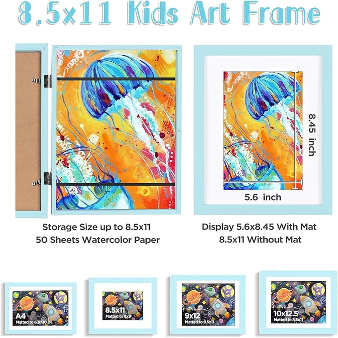 KINLINK 8.5x11 Kids Art Frame Set of 2, Solid Wood Kids Artwork Frames Changeable with Front Opening Hold 150 Pictures, Art Frames for Kids Art with Mat,without Mat 8.5x11 Picture Frame Light Blue