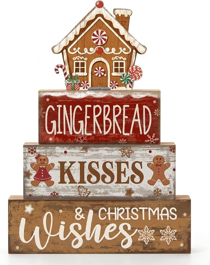 Moucuny 4 Pcs Wooden Tabletop Decor Tiered Tray Decor Centerpiece Rustic Decorative Block Signs Gift Farmhouse Table Decoration for Home Kitchen(Gingerbread House)