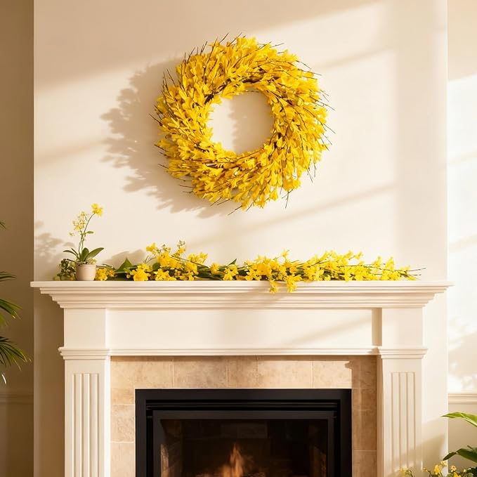 Bibelot 22inch Artificial Forsythia Flower Wreaths Spring Summer Fall Wreath Silk Leaves Wreath for Front Door Wreaths Porch Farmhouse Patio Garden Home Decor (yellow)
