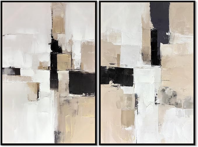 Zessonic Neutral Abstract Wall Art, Large Modern Textured Framed Canvas Wall Decor, Minimalist Prints Paintings, Earth Tone Black Beige Brown Artwork Pictures for Home, Living Room, Office, 24"x36"x2