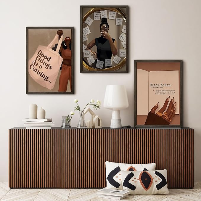 Black Girl Wall Art African American Woman Canvas Wall Decor Black Female Wall Art Fashion Women Poster Feminine Boho Pictures Abstract People Paintings for Bedroom Bathroom 12x16 Inch Framed Set of 3
