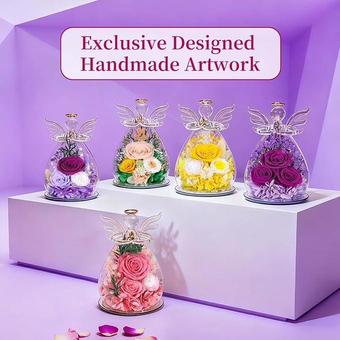 Gifts for Women Mom Preserved Rose Forever Flower Eternal Roses in Glass Angel Figurines Fresh Flowers for Delivery Prime Mothers Day Birthday Gift for Her Wife Grandma on Valentines Day Anniversary