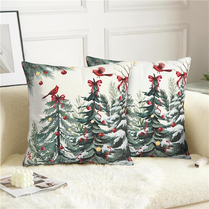 Set of 2 Christmas Tree Pillow Covers Snowy Pine Throw Pillow Covers 16x16 Green Xmas Tree Cardinal Bird Pillowcase Winter Holiday Cushion Case for Home Decor Couch Sofa