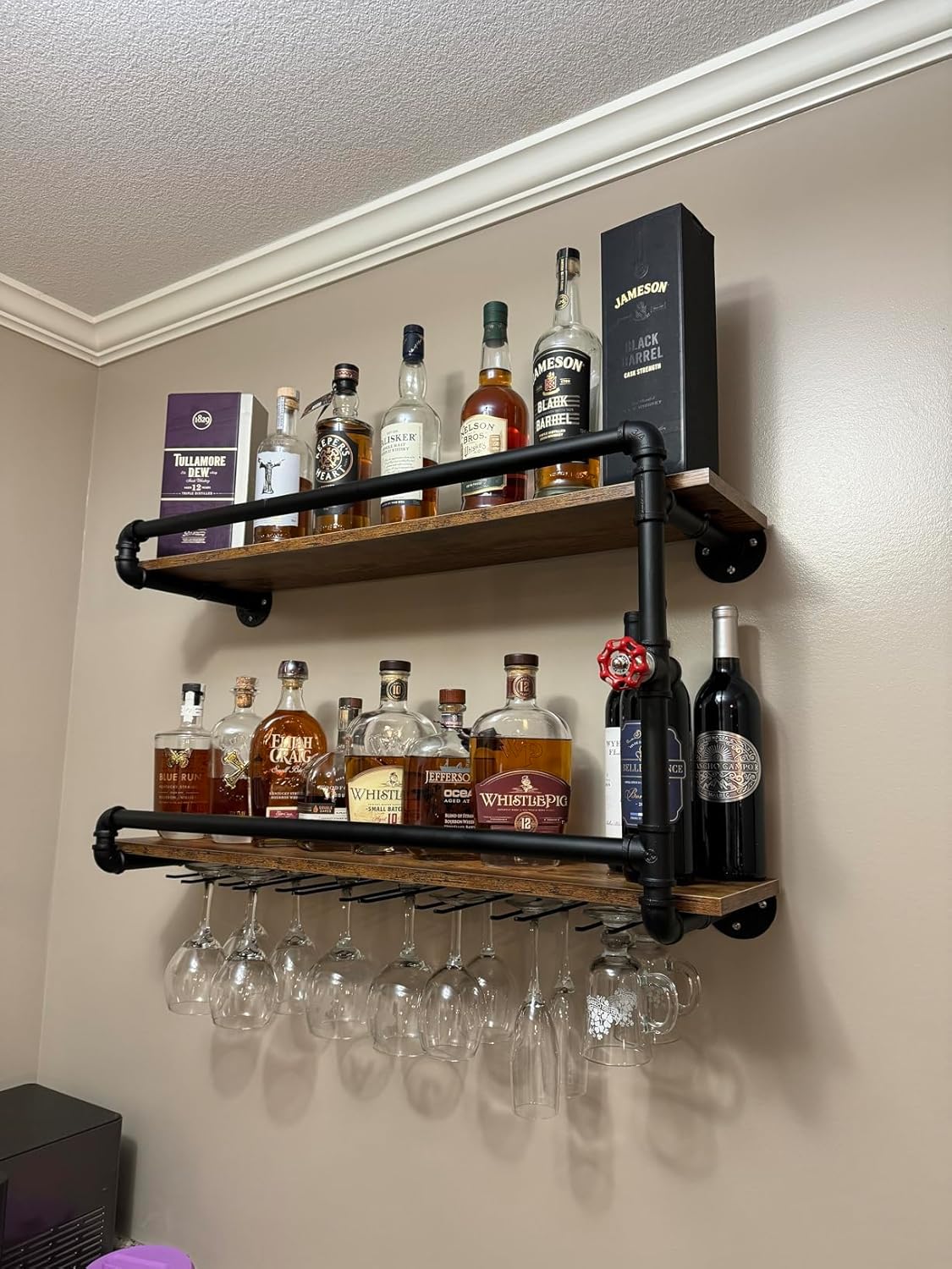 Wine Rack Wall Mounted 2 Tier, Hanging Floating Bar Liquor Shelves with Glass Holder Storage Under, Industrial Rustic Pipe Farmhouse Kitchen Decor Black(35.4x10.6x19.7)
