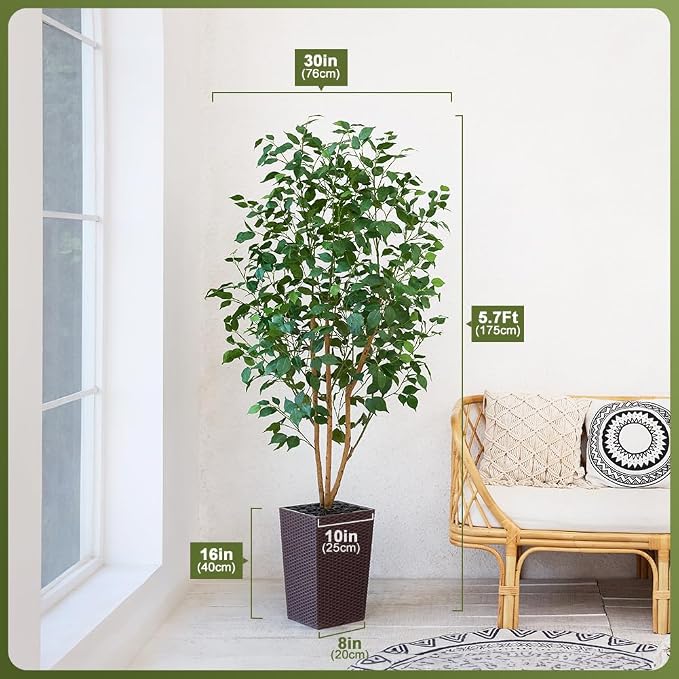 VeriNatural 6ft Artificial Ficus Tree,Tall Faux Tree with Silk Leaves & Real Wood Trunk,UV Resistant Potted Fake Plant with Pebbles & Planter-Indoor Outdoor Floor Plant for Home Living Room,VN129