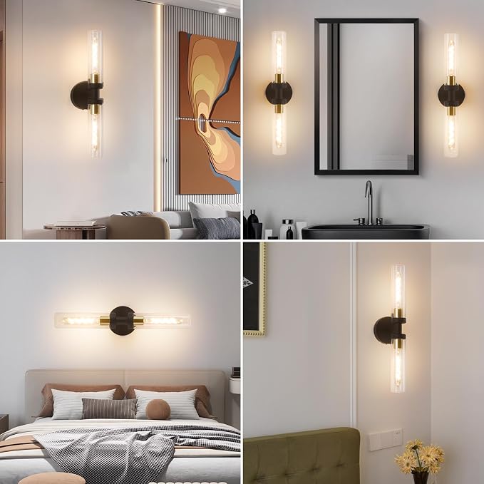 Battery Operated Wall Sconces, Wall Sconce Set of 2, 3000K-6500K Black Rechargeable Wall Lamp with Remote, Indoor Non-Hardwired Wall Lamps, Modern Vanity Light for Bedroom, Living Room, Aisle