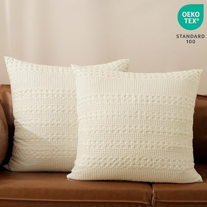 PHF Waffle Weave Pillow Covers 24" x 24", 2 Pack 100% Cotton Square Pillow Shell for Bedding Decor, No Insert, Luxury Aesthetic Soft Cushion Cases for Bedroom Decor, Cannoli Cream
