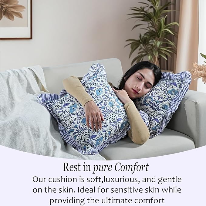 CPC Indigo Blue Ruffle Throw Pillow Covers for Couch, 18x18 Inch Cotton Stripe Ruffle Couch Pillows for Living Room, Hidden 14 Inch Zipper Boho Pillow Case or Cute Outdoor Pillows