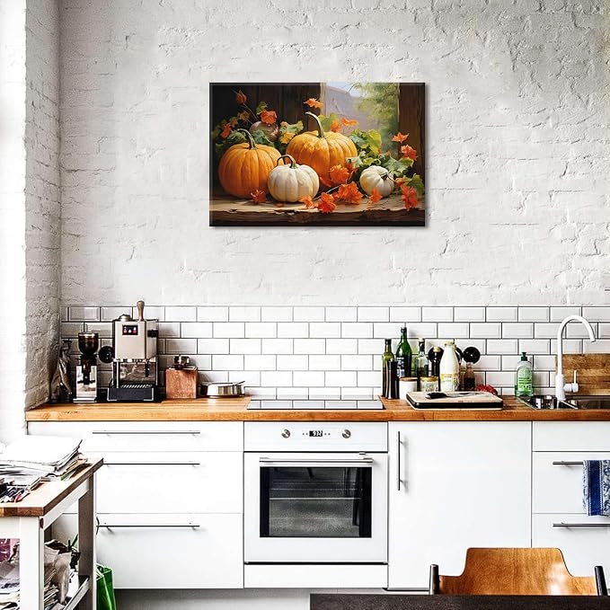 Pumpkin Canvas Wall Art Fall Pictures Maple Leaf Autumn Decor Thanksgiving Wall Prints Rustic Halloween Themed Wall Decor Framed Modern Artwork for Living Room Kitchen Bedroom Home Decorations 20x30”
