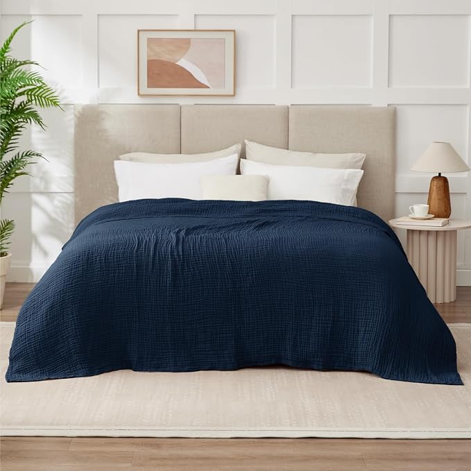 100% Cotton Muslin Blanket California King 120" x 90", 6 Layers Breathable and Lightweight Oversized Blankets for Bed, Soft Cooling Gauze Blanket for Adults All Season, Navy