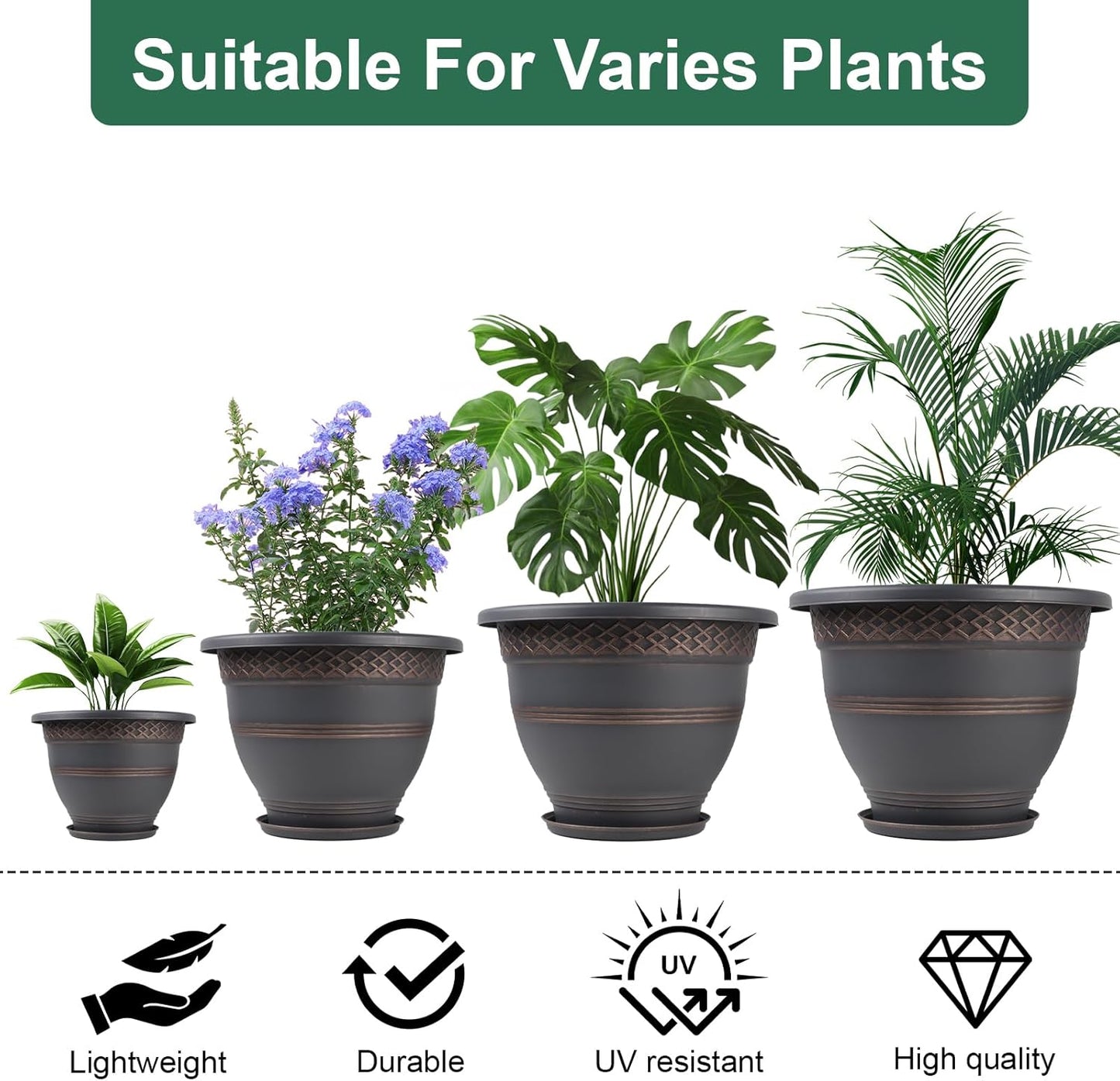 4 Pack 12 Inch Large Plant Pots, Plastic Flower Pot for Indoor & Outdoor with Drainage Holes & Saucer, Plaid Pattern Planters Garden Pots for Herbs Bronze