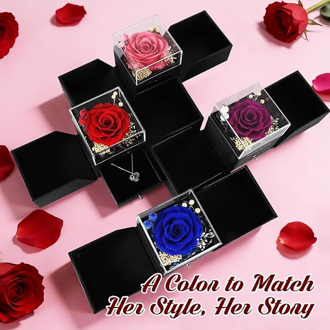 TranquilBliss Gifts for Mom, Preserved Real Purple Rose Gift Box with Heart Necklace,“I Love You” in 100 Languages, I Love You Eternal Flowers Rose Gift Set for Mother's Day, Anniversary
