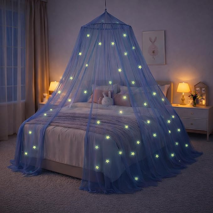 Bollepo Blue Canopy Bed, Blue Bed Canopy with Glow in The Dark Stars for Girls, Boys, Kids and Babies, Net Use to Cover The Baby, Kid, Girls Or Full Size Bed, Fire Retardant Fabric