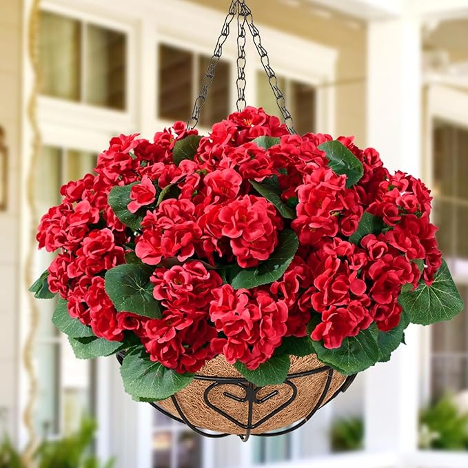 Waipfaru 2 Set Artificial Geraniums for Outdoors with Hanging Baskets, 12 Bundles UV Resistant Artificial Outdoor Plants, Fake Red Flowers for Spring Front Porch Home Patio Balcony Yard Decor