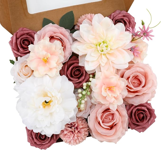 Floweroyal Artificial Flowers Combo Pink Flowers Mix Silk Flowers Dahlia Roses with Stems for DIY Wedding Bridal Bouquets, Baby Shower, Floral Arrangement, Table Centerpieces, Home Decorations