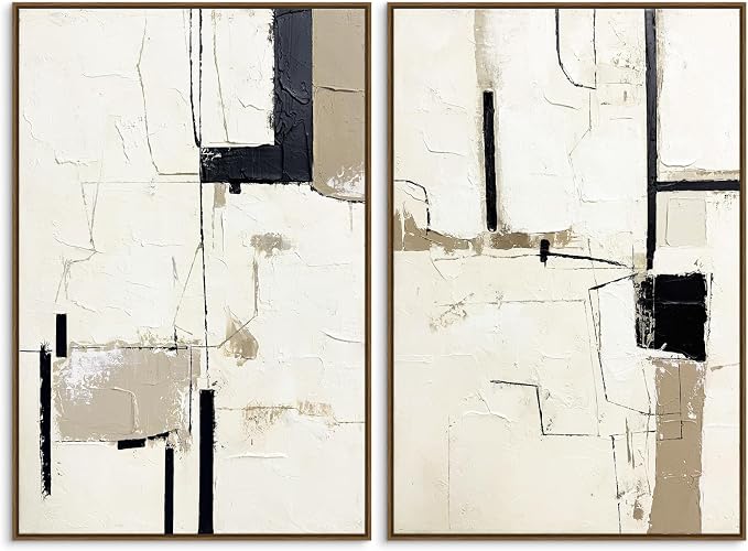 SAFERRYHOME Neutral Abstract Hand Painted Wall Art Textured, 24"x36"x2 | Large Black and Brown Framed Wall Decor, Modern Minimalist Painting Geometric Texture Artwork for Home Office Living Room