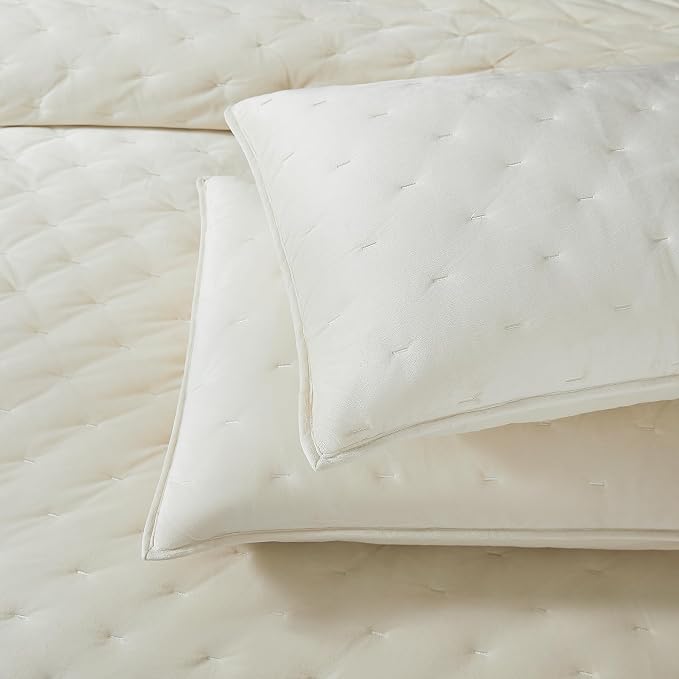 Lush Decor - Quilt Set, 3-Piece Cozy Velvet Bedding with Matching Shams, Embroidered Stitch Design (Haven Cream, King/California King)