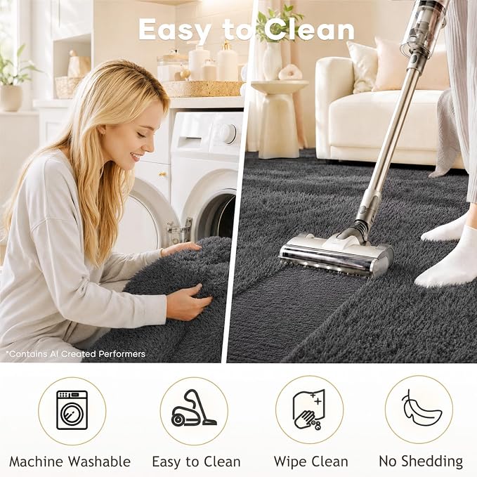 Ophanie Small Rug Washable Non Slip Throw Bedside Area Rugs, Fluffy Soft Mini Bedroom Carpet, 1.5x2.5 and 1.5x4 Rug Set, 2 Piece Grey