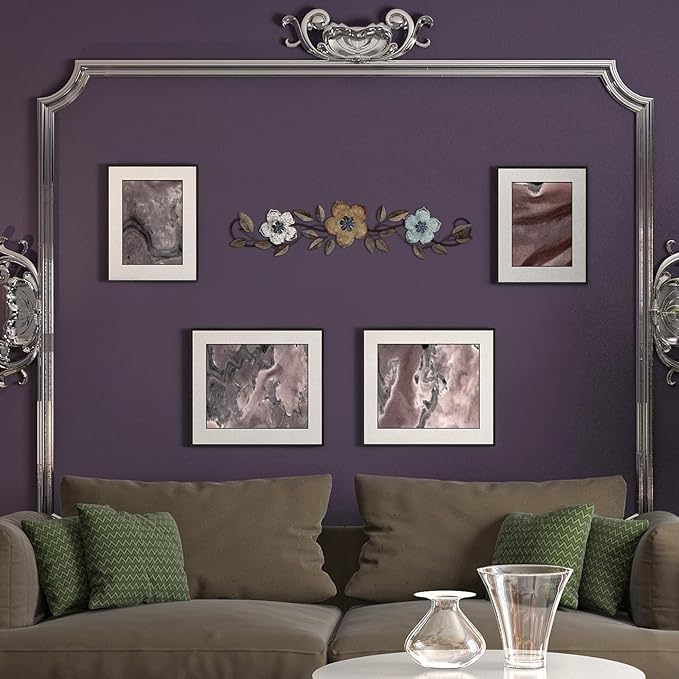 Wesiti Metal Flower Wall Decor Vintage Spring Metal Flower Wrought Iron Scroll Sculpture 15.7''x3.7'' Farmhouse Leaves Wall Decor with Nails for Spring Living Room Bedroom Indoor Outdoor(Colorful)