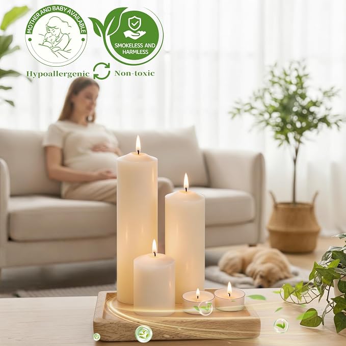 Soy Wax Pillar Candle Set of 18,Unscented White Pillars (2x3, 2x6, 2x8 in) & 12 Tea Lights, Long Clean Burning, Smokeless Natural Soy Candles for Wedding, Party, Home,Dinner Table, Emergency
