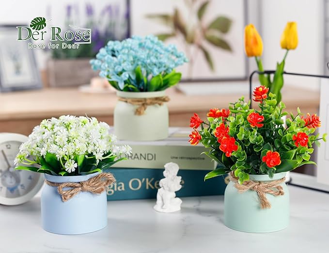 Der Rose 6 Pack Fake Plants Flowers Small Artificial Faux Plants in Plastic Macaron Pot for Home Bathroom Office Desk Accessories Wedding Decor Indoor