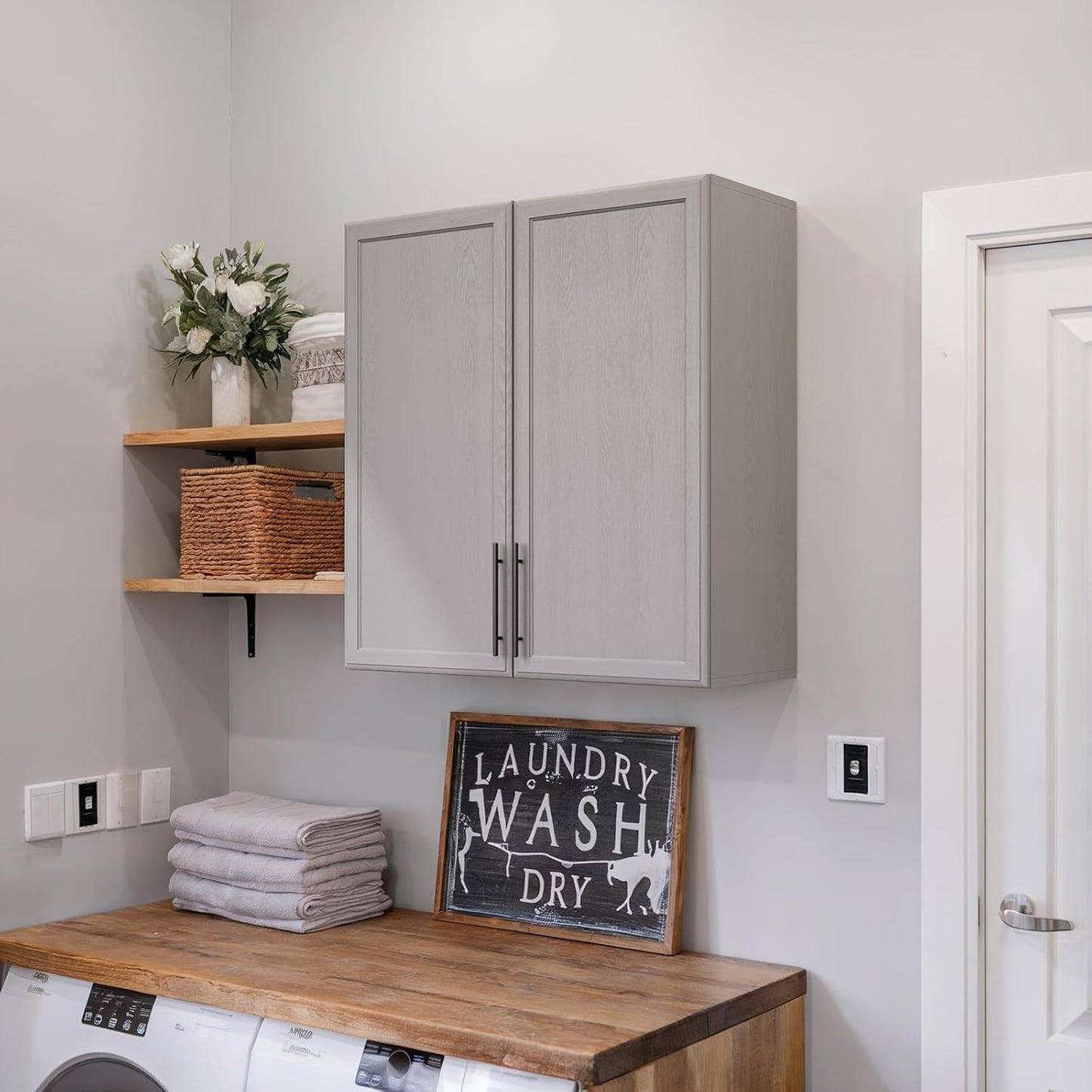 FIMELLO 30" Kitchen Wall Storage Cabinet with Adjustable Shelf, Laundry Cabinet with Doors, Bathroom Storage Cabinet Wall Mount, Storage Cabinet for Bathroom, Kitchen, Laundry Room Cabinet, Grey