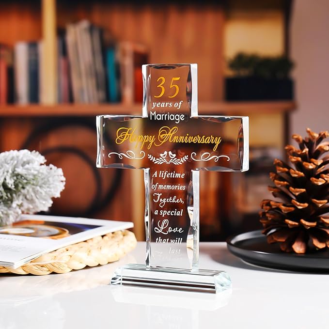 YWHL 35th Wedding Anniversary Cross Gifts for Her Him, Unique Glass Cross Gifts with Romantic Quote, 35 Years of Marriage Gifts for Couple, Standing Cross Gifts for 35th Anniversary Decoration