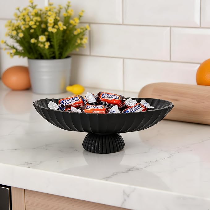 14.5" Large Decorative Long Bowl - Black Fluted Scalloped Decorative Bowls for Home Decor - Ruffle Decor,Stylish Key Bowl for Entry Table,Decorative Fruit Bowls for Kitchen Counter