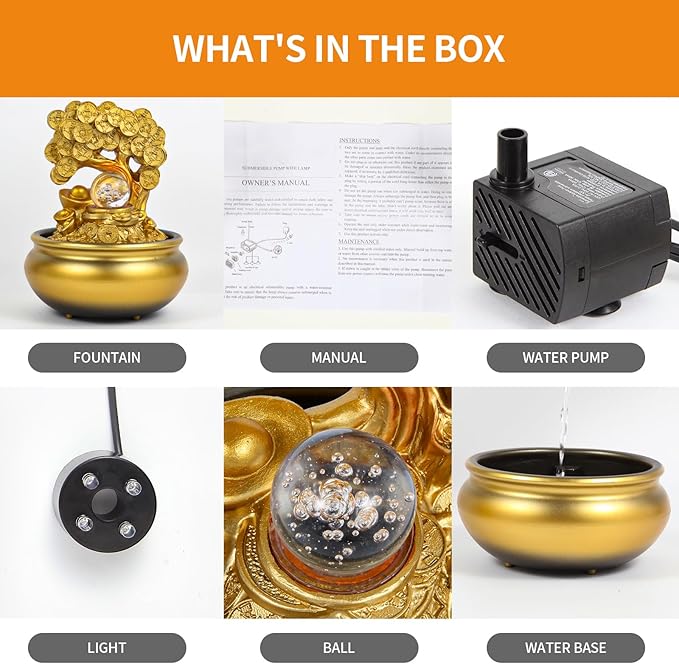 Gold Money Tree Feng Shui Desktop Water Fountain Waterfall Decoration with LED Light Portable Tabletop Decorative Zen Meditation Waterfall for Office Living Room Craft