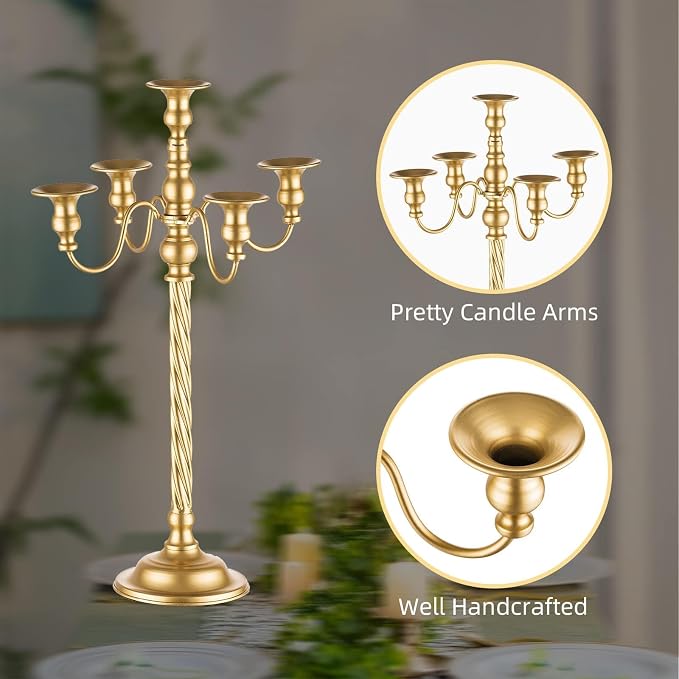 Romadedi Gold 5-Arm Candelabra for Taper Candles, 21 in, Pack of 2 | Metal Candlestick Holders with Curved Branches for Wedding Centerpiece, Reception, Dining Table, and Christmas Decor.