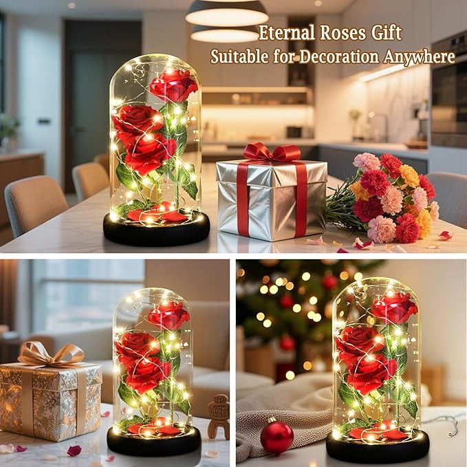 Dream of Flowers Mother Day Enchanted Red Gifts for Mom,Beauty and The Beast Rose in Glass Dome,Anniversary Rose Gifts for Wife,Birthday Gifts for Women,Romantic Red Silk Rose Flower Gifts for Women