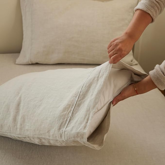 100% French Linen Pillowcases with Embroidery - Pack of 2 - Washed Solid Color Natural Flax Soft Breathable - Linen, 20'' x 40''