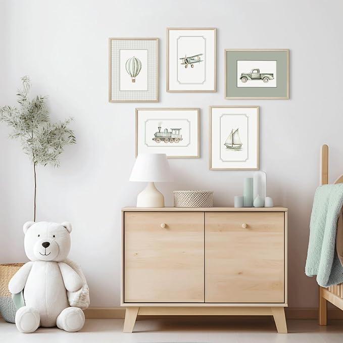 Sage Green Nursery Wall Art Boys Room Canvas Poster Kids Wall Decor Vintage Vehicle Prints Baby Toddler Pictures Transportation Plane Painting Train Truck Artwork for Bedroom 8x10 Inch Wood Framed