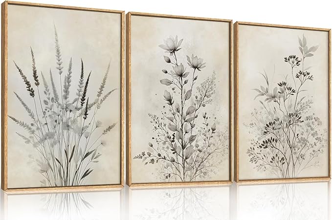 Large Neutral Flower Botanical Framed Canvas Wall Art,Boho Wildflowers Ink Wall Decor,Vintage Bouquet Wall Painting,Nature Artwork for Living Room,Bedroom,Dining Room,Office -16"x24"x3
