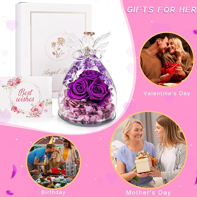 Beferr Mothers Day Mom Birthday Gifts for Women, Fresh Flowers for Delivery Forever Preserved Rose in Glass Angel Figurine, Anniversary Christian Real Rose for Grandma Nana Wife Mum from Daughter Son