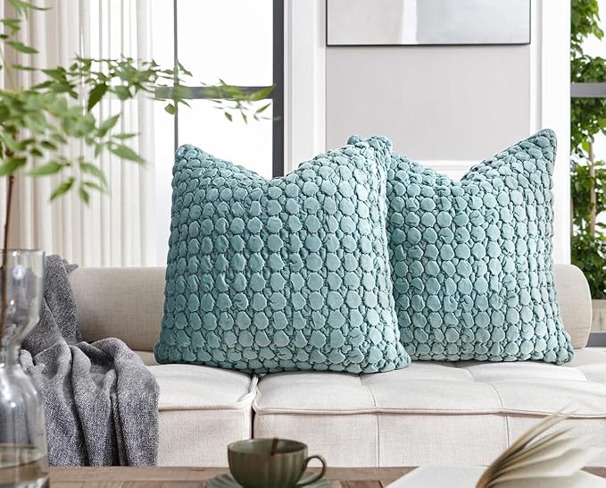 Pillow Covers 24x24 Set of 2 Velvet Euro Shams Decorative Farmhouse Pillowcases Boho Square Cushion Covers Soft Bubble Texture for Couch Sofa Bed Bedroom Car Living Room,Blue Green