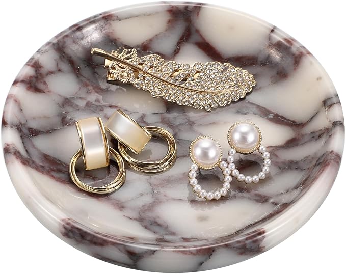 Small Round Key Bowl for Entryway Table - 5.5" Natural Marble Jewelry Dish Tray Decorative Key Plate Holder Catch All Bowl for Earring Necklace Ring Holder for Bathroom