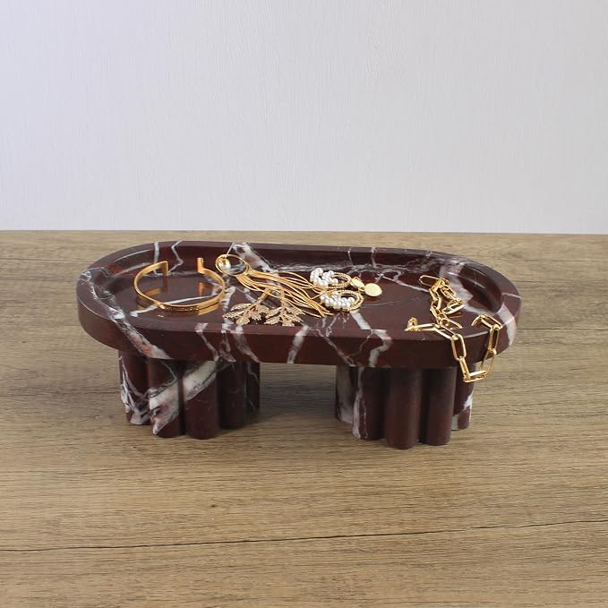Natural Travertine Marble Oval Tray with 2 Legs, 10" Vanity Decorative Tray for Countertop Organizer, Catchall Tray for Perfume, Candles, Jewelry Dish