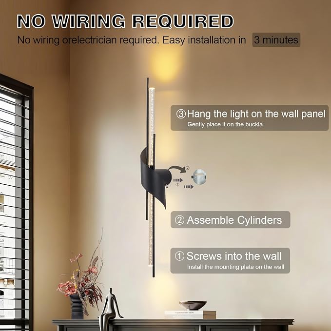 camuucci Battery Operated Wall Sconces Set of Two,Modern Wireless Wall Lights,LED Rechargeable 20000mAh Not Hardwired Remote Control Dimmable Wall Lamp Fixtures for Bedroom Black 33 Inches