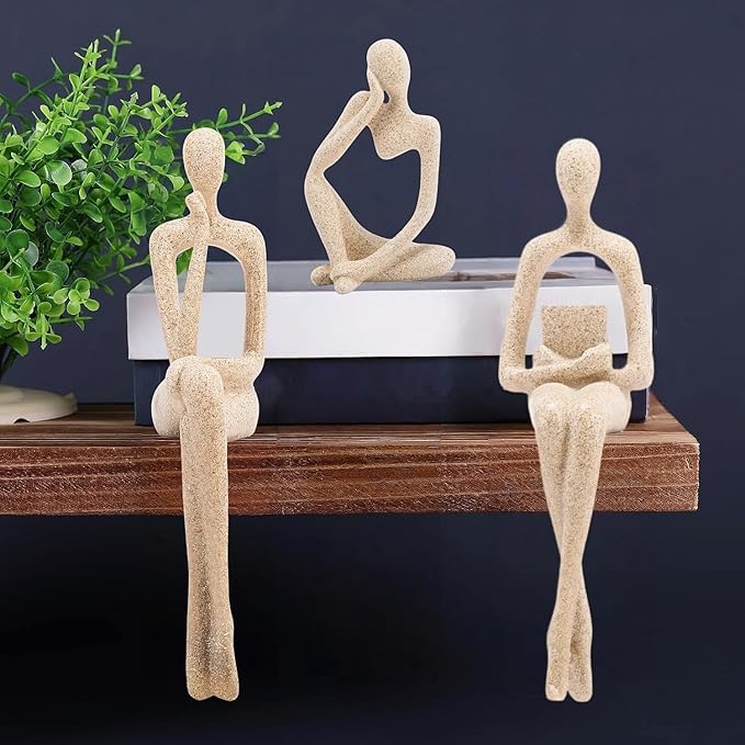 Gold Home Decor Thinker Statue Accents, Set of 3 Thinker Sculptures Office Decor Modern Abstract Resin Decoration on Shelf Table Desk for Living Room Office Bedroom Bookshelf Decor (Small Sandstone)
