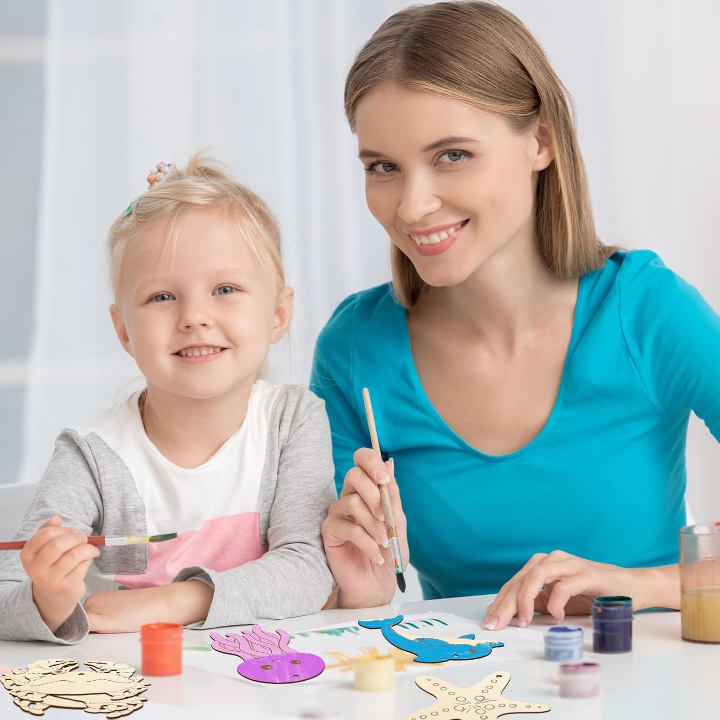 80PCS Wooden Sea Ornaments to Paint, 10 Styles DIY Blank Unfinished Wood Ocean Whale Seahorse Octopus Starfish Dolphin Turtle Shark Crab Cutouts Ornament for Crafts Hanging Decorations Summer