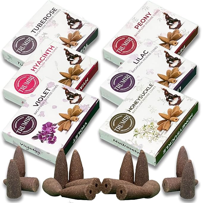 Blossom - Backflow Incense Cones for Waterfall - Scented Inscents-Cones - Peony, Lilac, Hyacinth, Tuberose, Honeysuckle, Violet - Insiensos Aromaticos - 6x10=60 Large Variety Pack