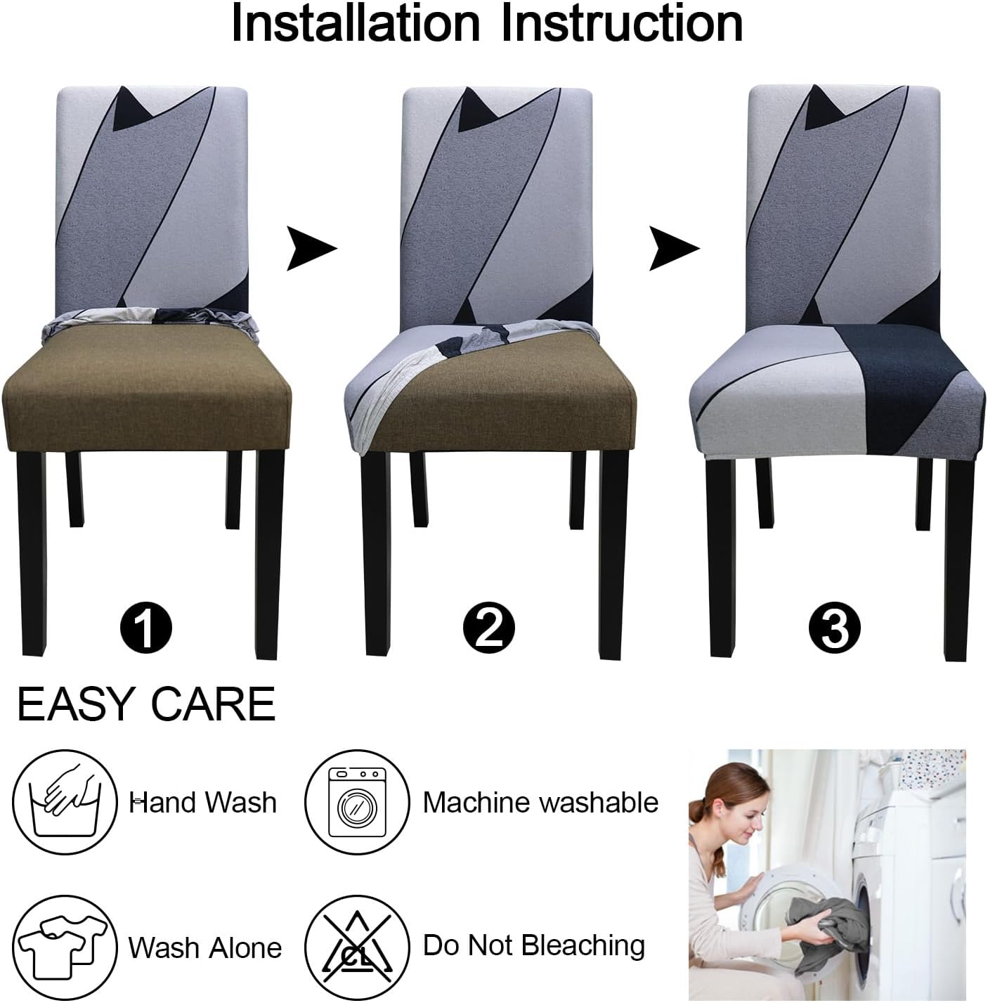JQinHome Pattern Chair Covers for Dining Room Set of 4, High Stretch Removable Washable Parsons Chair Slipcover for Home Party Hotel Wedding Ceremony (White Grey,4PCS)