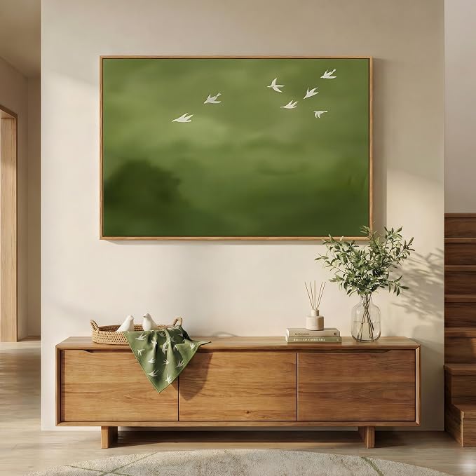 Framed Green Abstract Wall Art, Modern Minimalist Sage Green Canvas Prints Paintings for Walls, Rustic White Birds Pictures for Living Room Bedroom Dining Room Office Hallway Wall Decor, 24x36 In