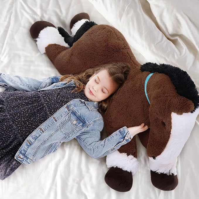 Tezituor 4ft Realistic Horse Stuffed Animal, 47inches Chocolate Stuffed Horse Farm Plush Toy, Hugging Soft Pony Plush Body Pillow Theme Decor Gift for Boys Girls